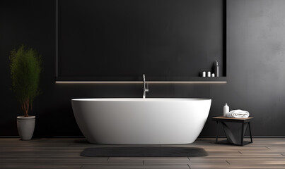 Fototapeta na wymiar Modern bathroom interior with white bathtub and chic vanity, black walls - Generative AI