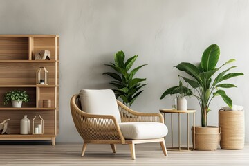 In a stylishly decorated living room, there is a minimalistic composition featuring a designed armchair, a beige panel, a tropical plant, a rattan pouf, a book, a shelf, some free space for additional
