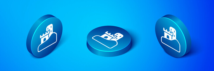 Isometric Sand castle icon isolated on blue background. Blue circle button. Vector