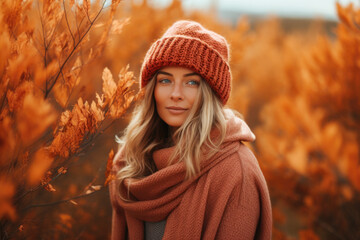 A beautiful woman standing in front of an orange autumnal background. She wearing a rust-colored beanie and a matching scarf. blonde hair are visible from the sides of the beanie