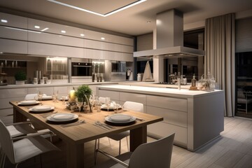 Modern kitchen interior with a blurred effect, accompanied by a desk space and remarkable furniture.