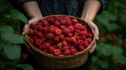 Raspberry in Basket holding in hands, created with Generative AI technology.