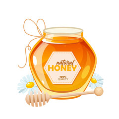 Natural honey in a glass jar with a wooden dipper and flowers