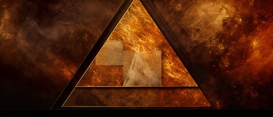 Irregular triangles pattern background, geometric banner in golden, orange hues. Gold rust artistic banner for vintage, rough surface.