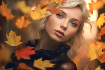 Naklejka na ściany i meble Nice girl with yellow red fall leaves on blurred nature background