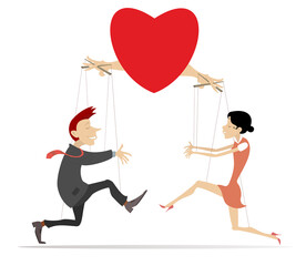 Love couples. Heart symbol. Pupets.
Heart shaped master controls the running towards each other love couple, like puppets. Concept illustration
