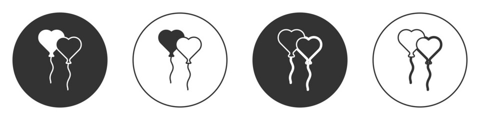 Black Balloons in form of heart with ribbon icon isolated on white background. Valentines day. Circle button. Vector