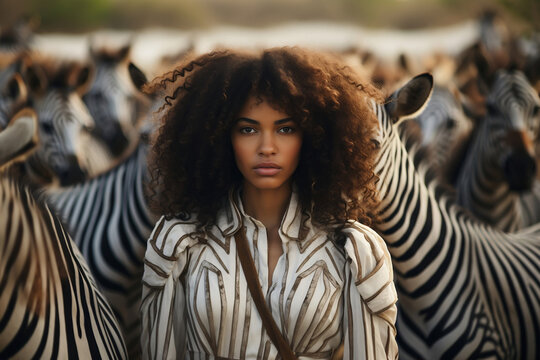 porfolio shot of black woman standing in front of zebra Africa safari 