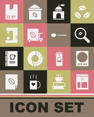 Set Bag of coffee beans, Electronic scales, Selection, Manual grinder, Coffee street truck machine, and Spoon icon. Vector
