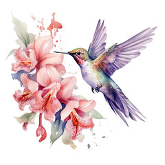 Obraz premium Watercolor marker tropical flower background with humminbird colibri birds.