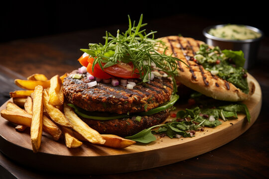 a delicious and hearty veggie burger with a side of crispy fries, promoting tasty and satisfying vegetarian options on World Vegetarian Day Generative AI