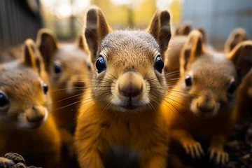 Schilderijen op glas Many baby squirrels portrait in forest park looking at camera with a curious, funny, surprised look, funny, humorous wild animals, wide angle photography. Positive concept. Generative AI Technology © Valeriia