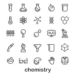 Collection of line icons related to chemistry. Vector illustration