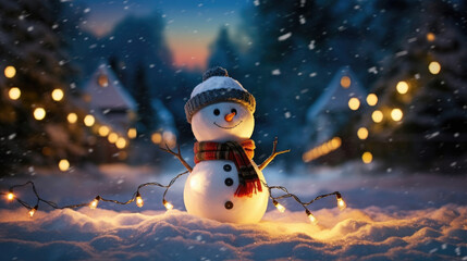 Obraz premium A snowman standing tall in a winter wonderland. Snowman standing in winter when christmas