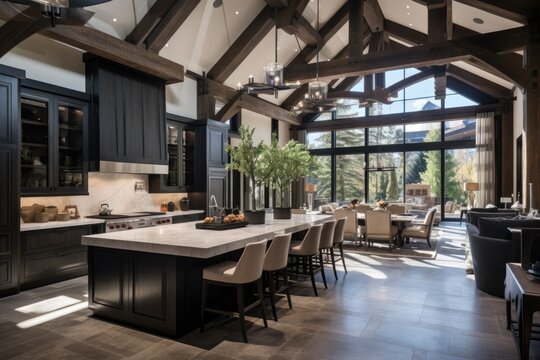 Incredible dining area adjacent to a contemporary yet rustic high end kitchen featuring a soaring ceiling with exposed wooden beams. The kitchen boasts a spacious island topped with pristine white