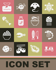 Set Sushi on cutting board, Shrimp, Jellyfish, Stingray, Sea cucumber jar, Fish skeleton, Whale tail ocean wave and Served bowl icon. Vector