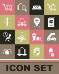 Set No water bottle, Passenger ladder for plane boarding, Passport, Taxi car roof, Globe with flying, Road traffic sign, Trolley baggage and Plane icon. Vector