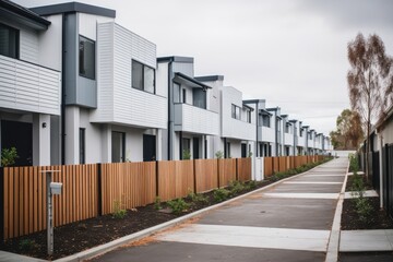 Fototapeta na wymiar Newly built residential townhouses located in an Australian suburb, fenced off temporarily due to ongoing construction. Illustrating the idea of property expansion, homes available for purchase, and