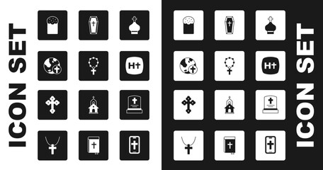 Set Christian church tower, Rosary beads religion, cross with globe, Easter cake, Coffin, Grave tombstone and icon. Vector