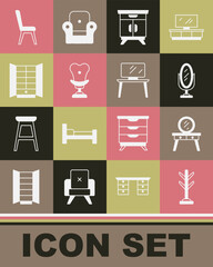 Set Coat stand, Dressing table, Mirror, Furniture nightstand, Armchair, Wardrobe, Chair and TV icon. Vector