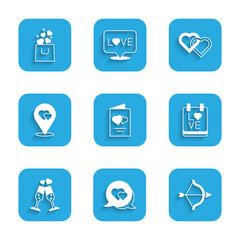 Set Valentines day flyer, Heart speech bubble, Bow and arrow, Calendar with February 14, Glass of champagne, Location heart, Two Linked Hearts and Shopping bag icon. Vector