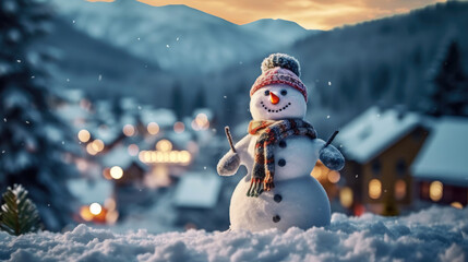 Obraz premium A snowman standing tall in a winter wonderland. Snowman standing in winter when christmas