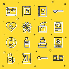 Set line Coffee cup to go, Electronic coffee scales, Newspaper and, book, Medal for, Lovers, machine and Manual grinder icon. Vector
