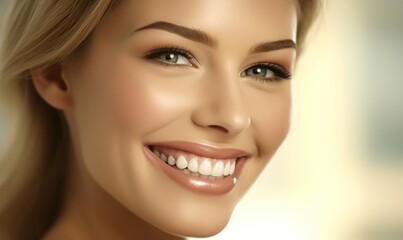 Fototapeta premium Beautiful wide smile of healthy woman, white teeth close up, dentist tooth whitening. Generative AI