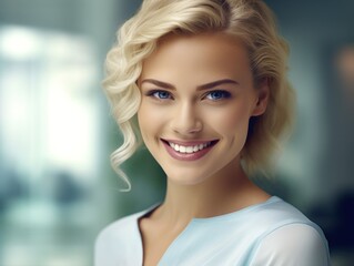 Beautiful wide smile of healthy woman, white teeth close up, dentist tooth whitening. Generative AI