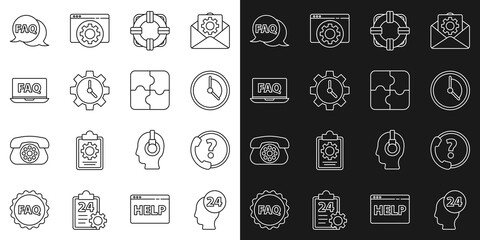 Set line Support operator in touch, Telephone 24 hours support, Time Management, Lifebuoy, Laptop and FAQ, Speech bubble with and Piece of puzzle icon. Vector