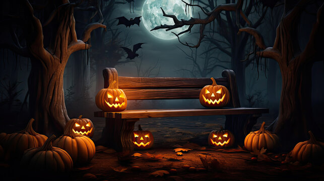 Illustrativer Hintergrund mit Halloweenk&uuml;rbissen (jack-o'-lanterns) in einem d&uuml;steren Wald bei Mondschein. auf einer Holzbank.