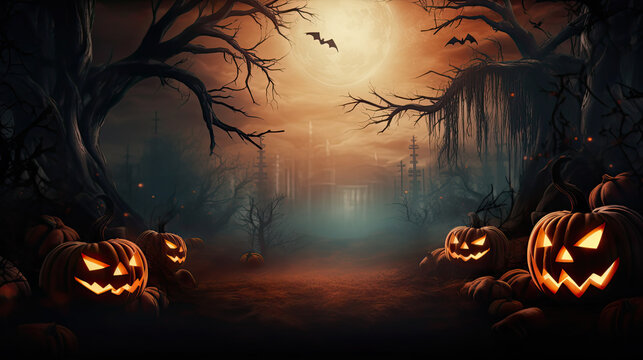 Illustrativer Hintergrund mit Halloweenk&uuml;rbissen (jack-o'-lanterns) in einem d&uuml;steren Wald bei Mondschein. Designvorlage mit Textfreiraum.