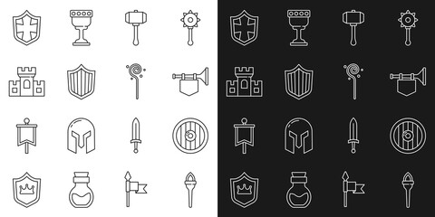 Set line Torch flame, Round wooden shield, Trumpet with flag, Hammer, Shield, Castle, fortress, and Magic staff icon. Vector