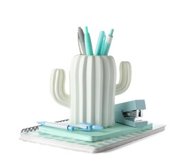 Stylish holder in shape of cactus with different stationery on white background