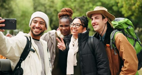 Friends, camping and smile for selfie, peace sign or outdoor for memory, excited face and adventure. Group, young people and portrait for photography, blog or social network in woods, forest or field