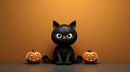 Illustrativer Hintergrund zu Halloween. Eine schwarze Katze mit zwei Halloweenkürbissen (jack-o'-lanterns). 