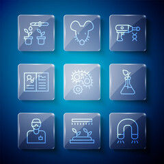 Set line Laboratory assistant, Automatic irrigation sprinklers, Magnet, Transfer liquid gun, Virus, Clinical record, Pipette and plant and Plant breeding icon. Vector