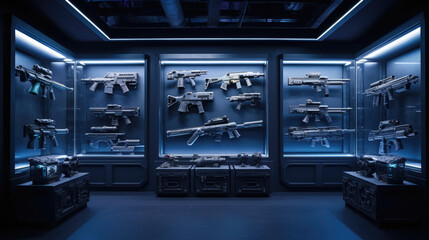 Modern interior of gun shop. Futuristic arsenal that offers a choice of advanced weaponry options