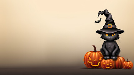 Illustrativer Hintergrund zu Halloween. Eine schwarze Katze mit einem Hexenhut auf, umgeben von Halloweenkürbissen (jack-o'-lanterns) und Herbstblättern. 