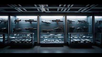 Modern interior of gun shop. Futuristic arsenal that offers a choice of advanced weaponry options - obrazy, fototapety, plakaty