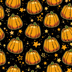 Seamless illustration of orange repeating pumpkins and stars