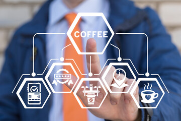 Businessman using virtual touch screen presses word: COFFEE. Concept of coffee shop fast delivery service. Professional modern coffee house.