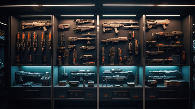 Modern interior of gun shop. Futuristic arsenal that offers a choice of advanced weaponry options