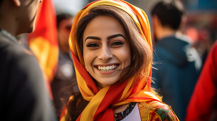 A smiling Iranian woman wearing the Iran shirt