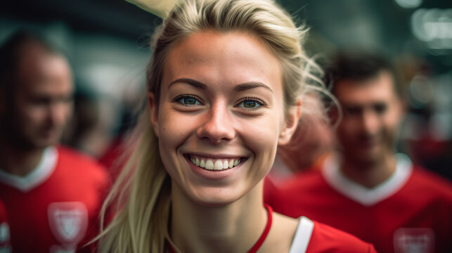 A smiling Danish woman wearing the Denmark shirt 