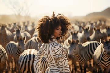 black woman with afro standing behind a heard of zebra Africa safari travel summer  - obrazy, fototapety, plakaty
