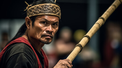 A strong practitioner of Eskrima wearing a traditional headdress and striking with a stick 