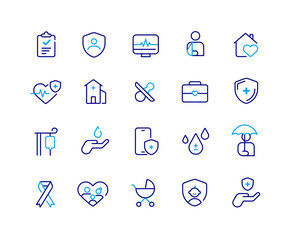Set of insurance and guarantee icons. Contains icons of health insurance life car home travel insurance. Vector illustration