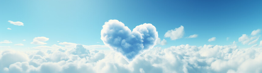 Naklejka na ściany i meble Baby Blue and White Cloudscape, Sky with Floating Heart Shaped Cloud. Love, Romance, Romantic Theme. Wide Panoramic Generative AI Illustration