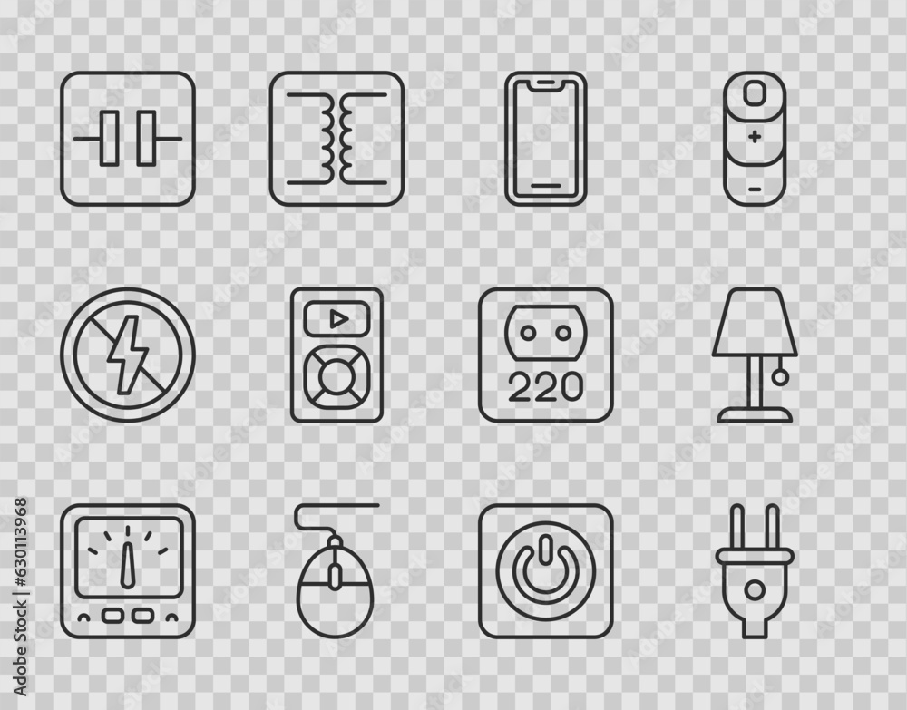 Sticker Set line Ampere meter, multimeter, Electric plug, Mobile phone, Computer mouse, Electrolytic capacitor, Music player, Power button and Table lamp icon. Vector